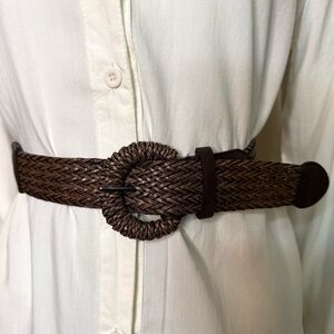 Dark brown braided PU leather elastic waistband skinny belt